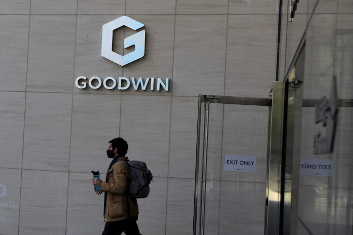 Signage is seen outside of the legal offices of the Goodwin Procter law firm in Washington, D.C.